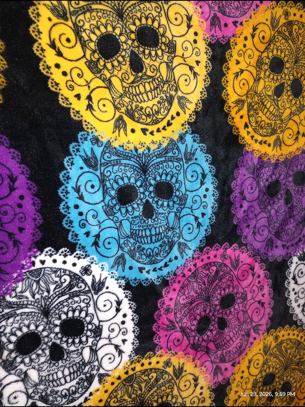 Artisan Fleece Blanket with Pink, Yellow and Black Sugar Skull Motifs